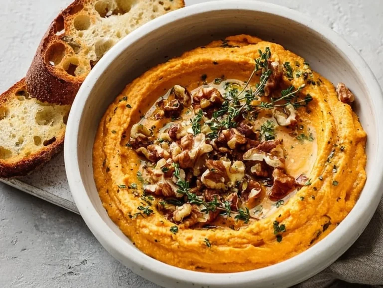 Creamy pumpkin whipped feta dip served in a bowl with herbs.