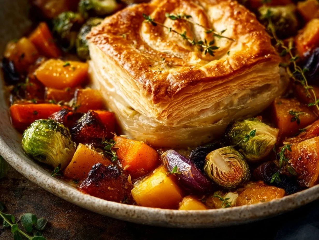 Delicious roasted autumn vegetable pot pies served in golden crusts