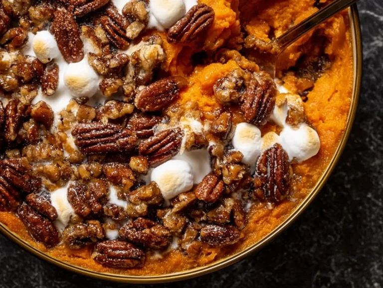 Delicious Southern Maple Sweet Potato Casserole topped with pecans and maple syrup