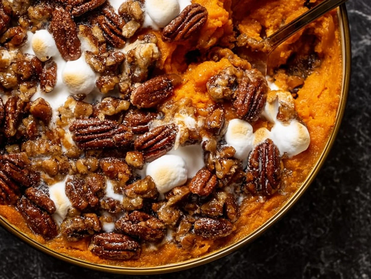 Delicious Southern Maple Sweet Potato Casserole topped with pecans and maple syrup