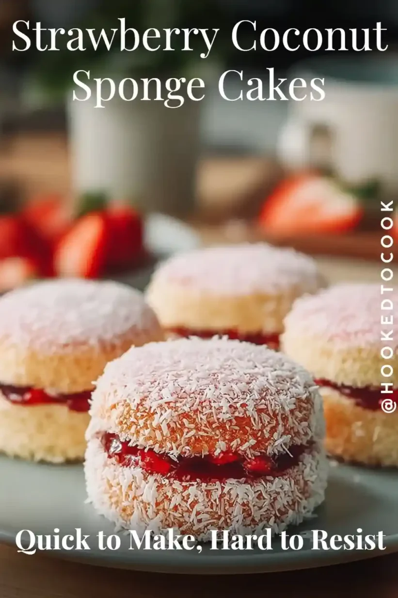 Strawberry Coconut Sponge Cakes with jam filling, covered in coconut flakes