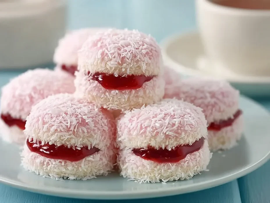 Strawberry coconut sponge cakes decorated with fresh strawberries and coconut flakes