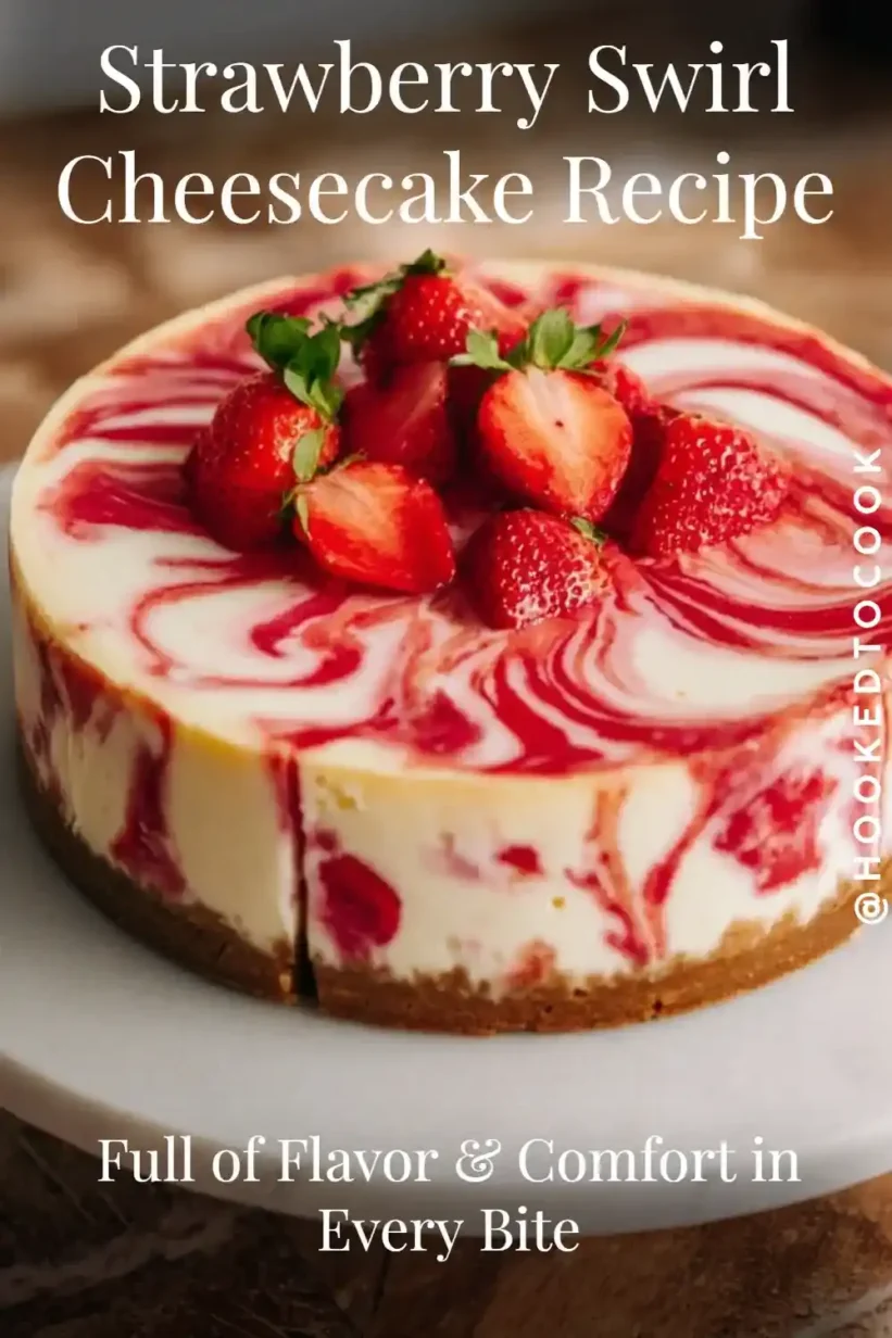 Strawberry swirl cheesecake with fresh strawberries on top and vibrant berry swirls inside the cake.