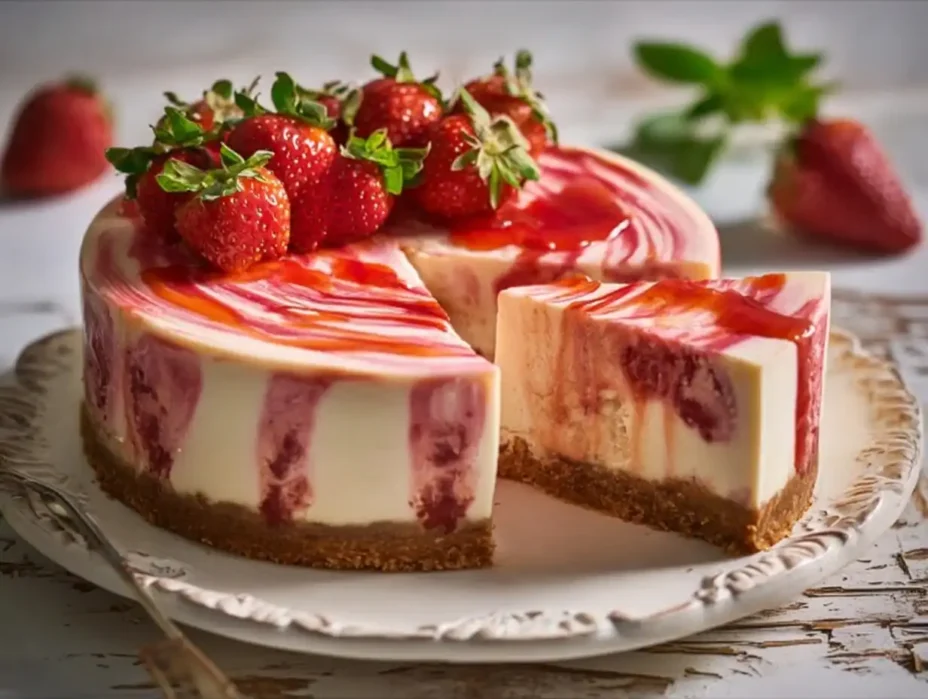 Strawberry swirl cheesecake with graham crust, strawberry sauce, and whole strawberries on top.