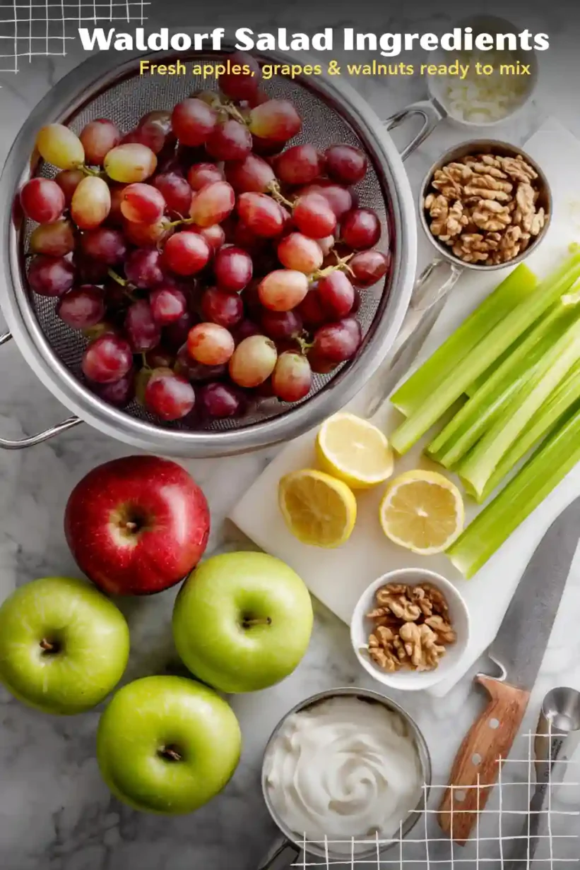 Fresh Waldorf Salad ingredients with apples, grapes, celery, walnuts, and yogurt dressing.