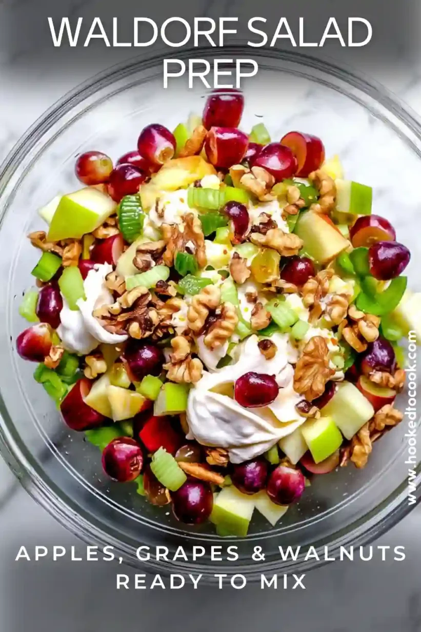 Waldorf Salad ingredients apples grapes celery walnuts and yogurt dressing in a clear glass bowl