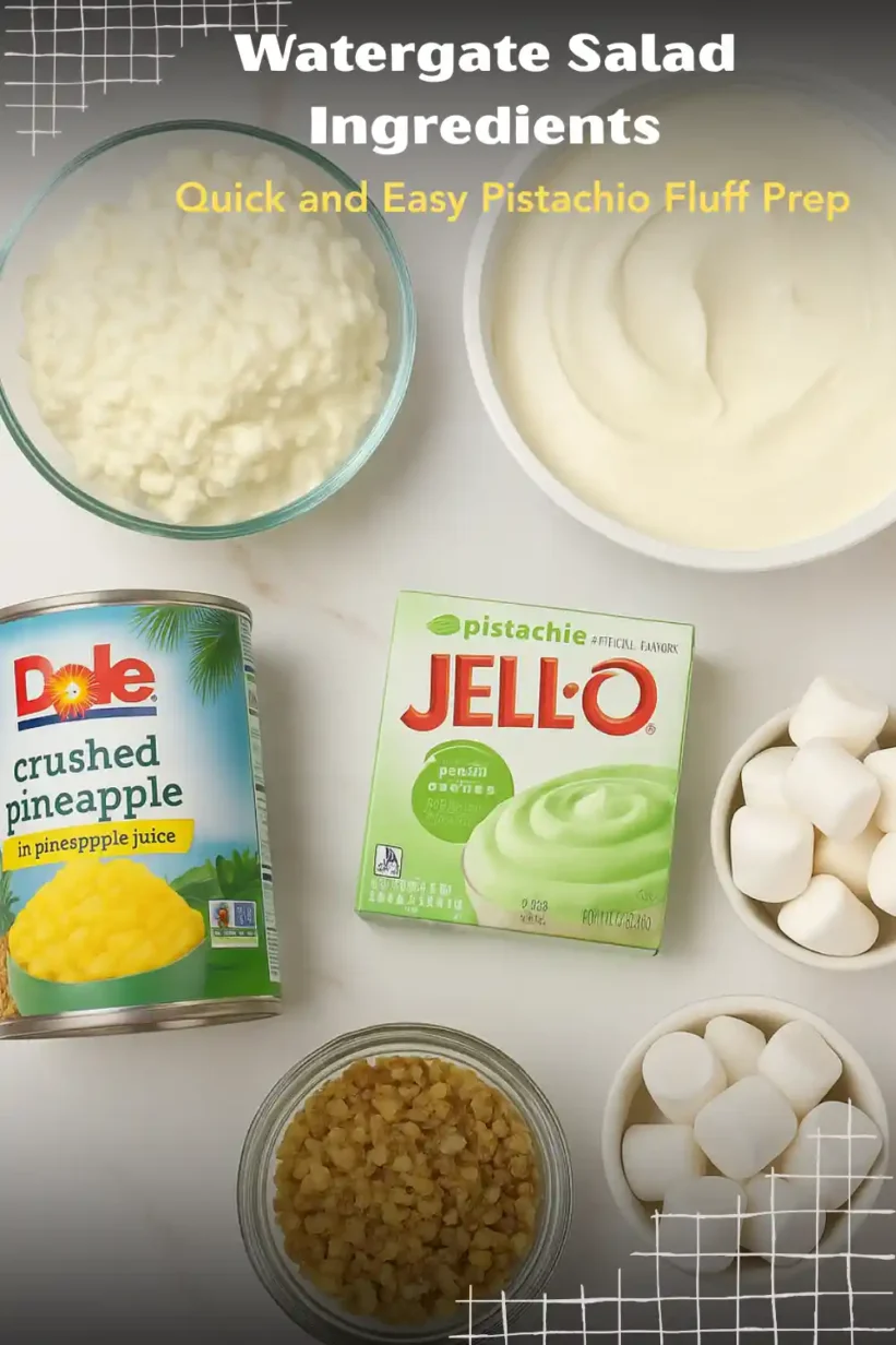 ingredients for watergate salad with cottage cheese on marble counter, cottage cheese, pineapple, pudding mix