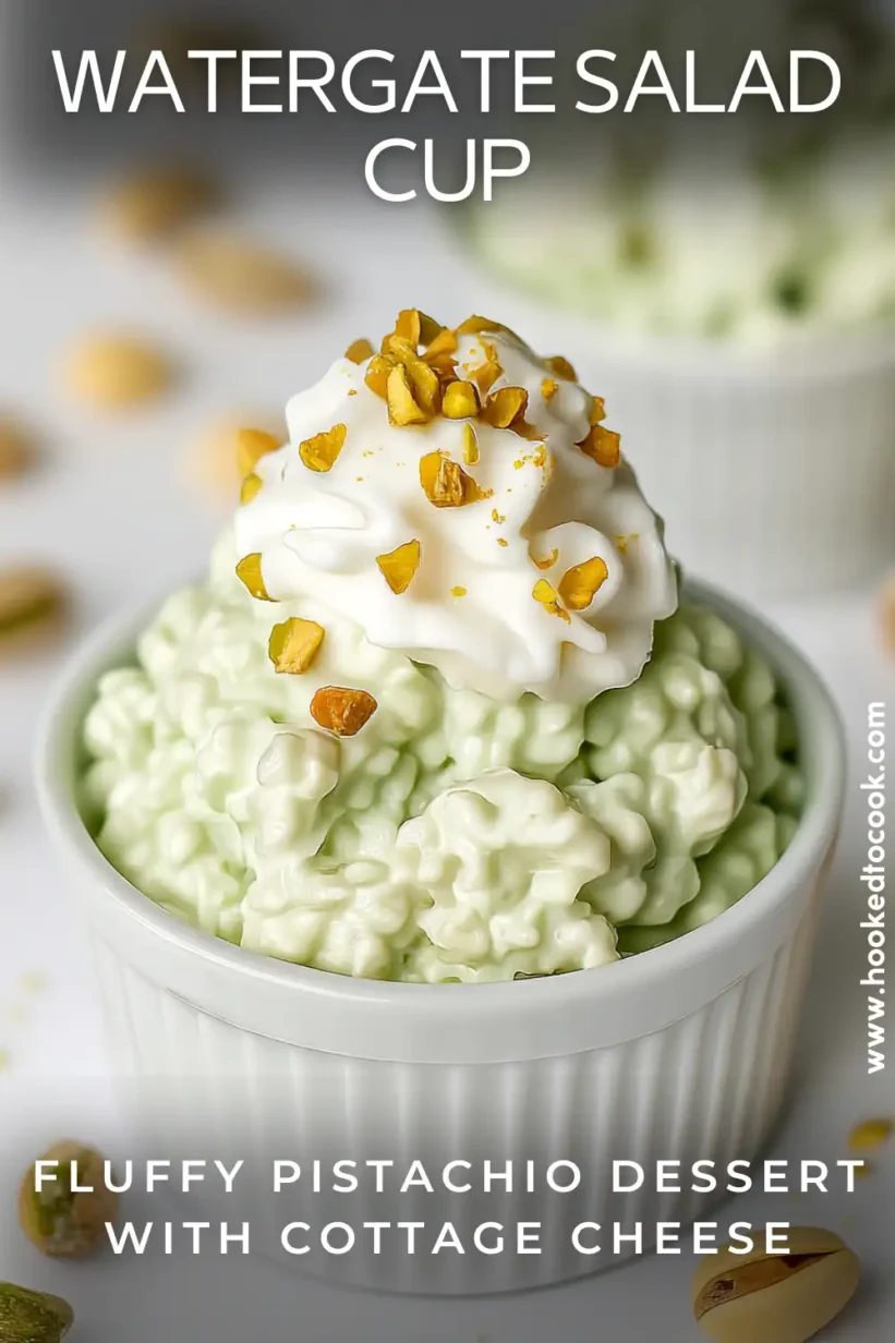 watergate salad with cottage cheese served in small white ramekins topped with pistachios