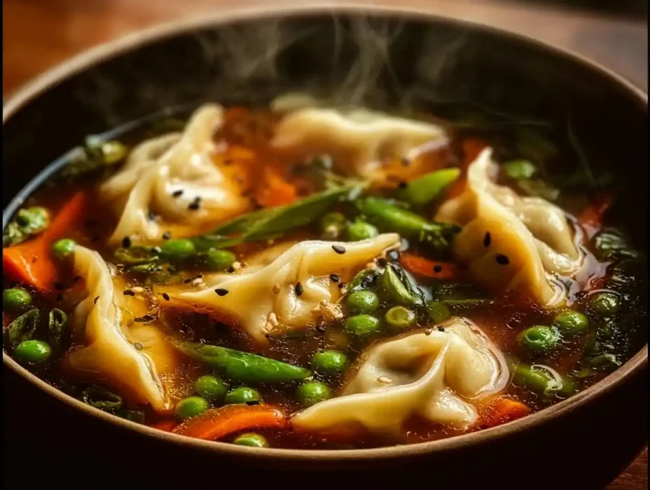 Bowl of easy Asian dumpling potsticker soup with fresh vegetables
