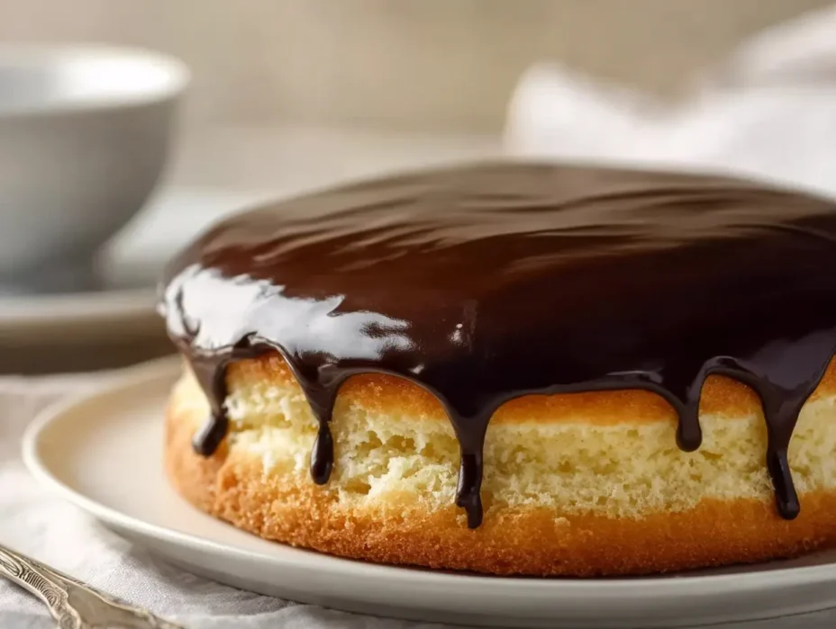 Delicious slice of Boston Cream Pie with rich chocolate glaze and creamy filling