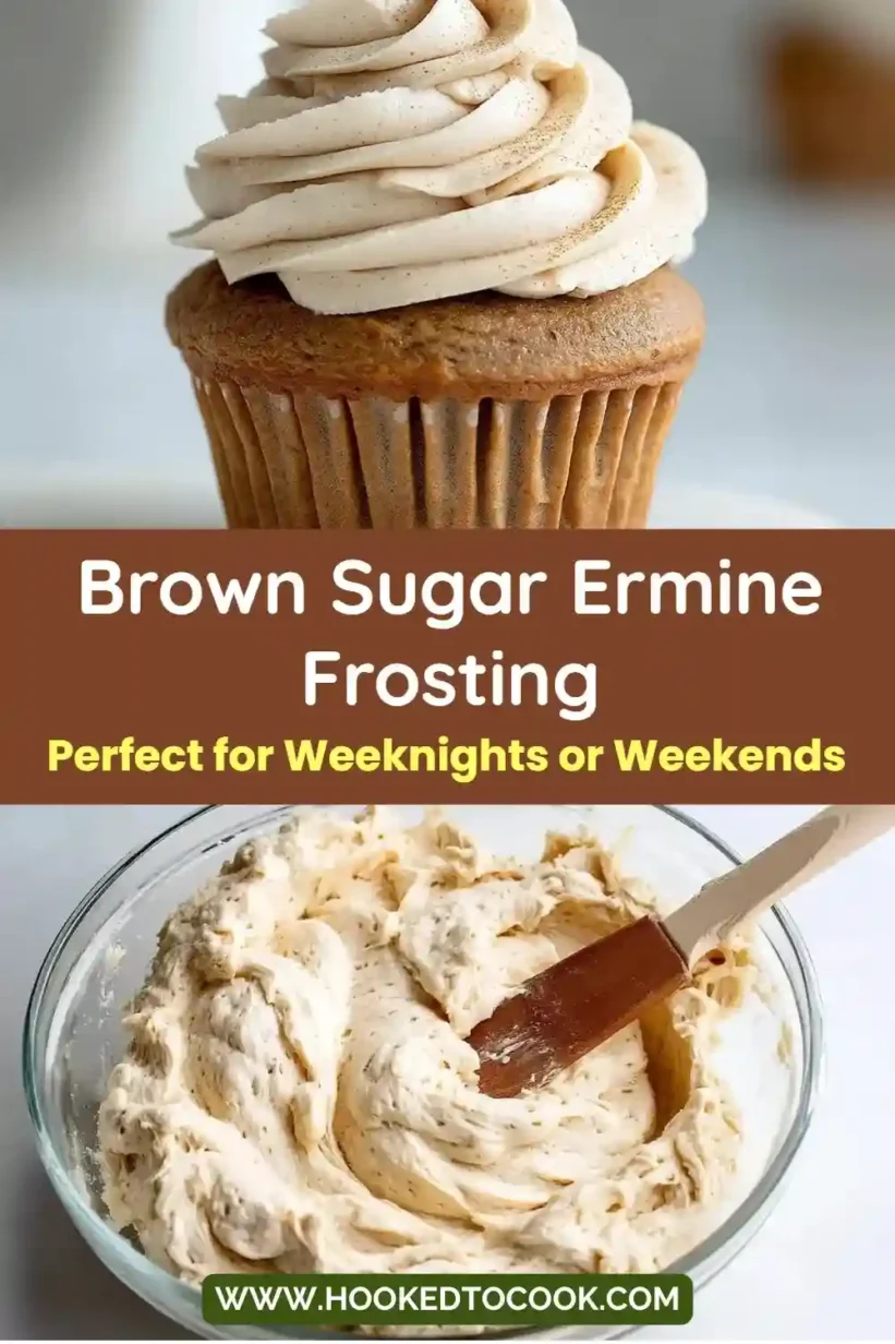 Brown sugar ermine frosting piped high on cupcake with soft caramel color and creamy texture
