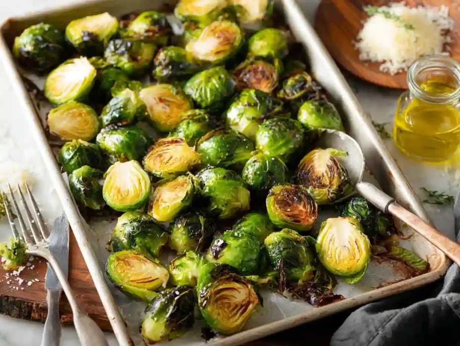 Plate of roasted Brussels sprouts seasoned and ready to serve