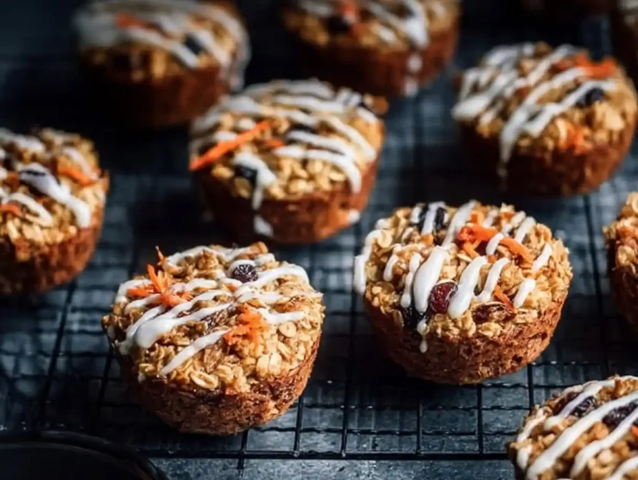 Carrot Cake Oatmeal Cups on a plate, garnished with nuts and frosting