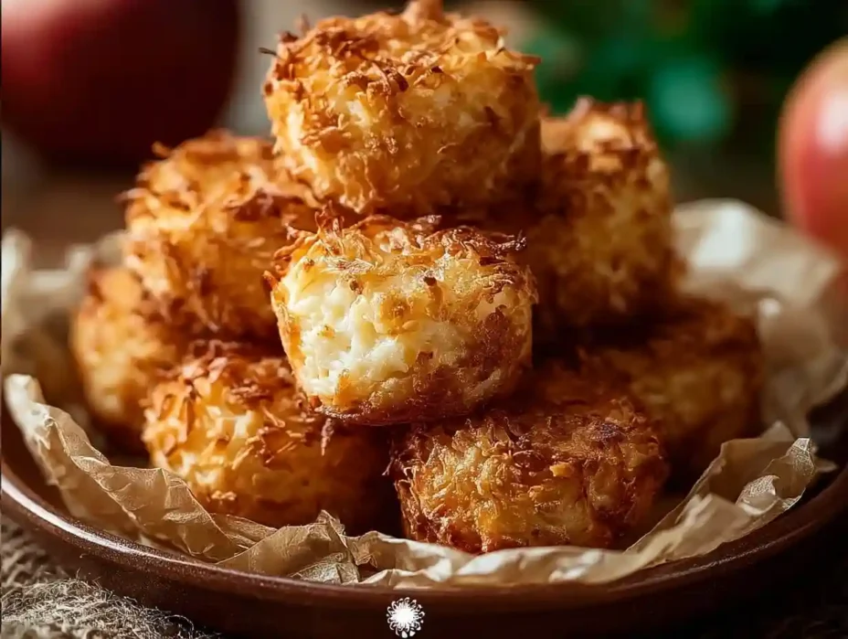 Cinnamon apple cottage cheese bites baked golden, stacked on a plate, with crispy oat edges.