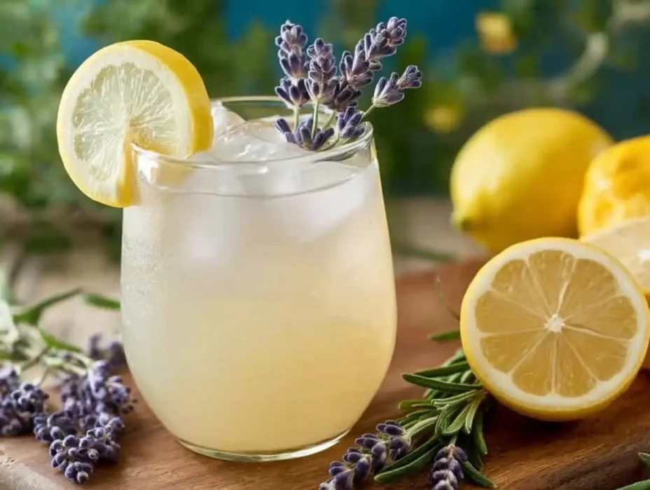 Coconut Lavender Lemonade mocktail served with lavender sprigs and lemon slices.