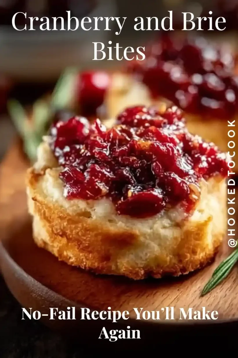 Cranberry Brie Bites with puff pastry, melted brie, cranberry sauce, and fresh thyme on a wooden board.