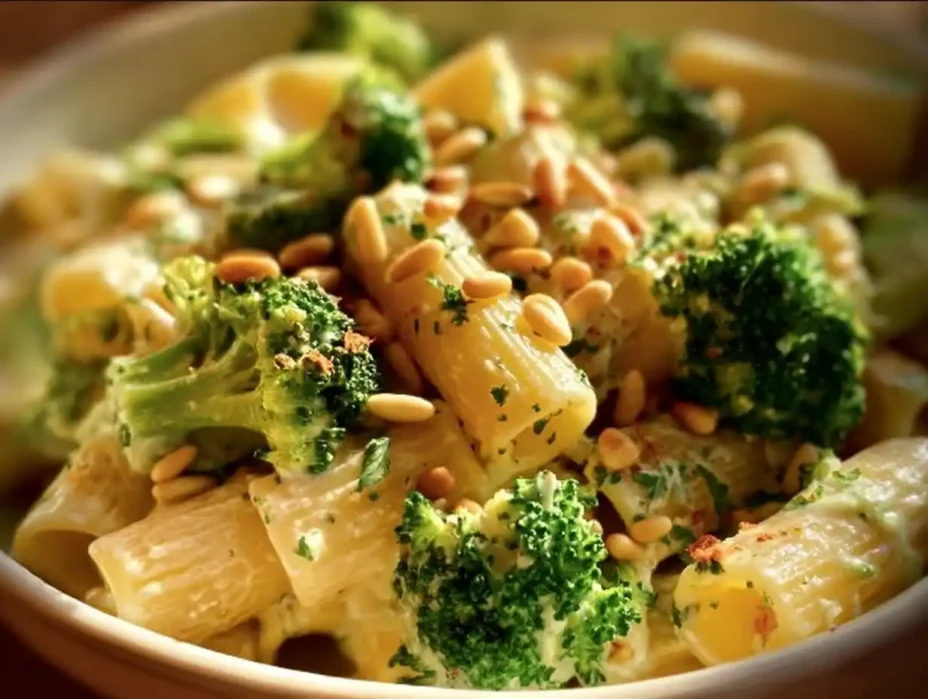 Plate of creamy pasta with broccoli and creamy sauce
