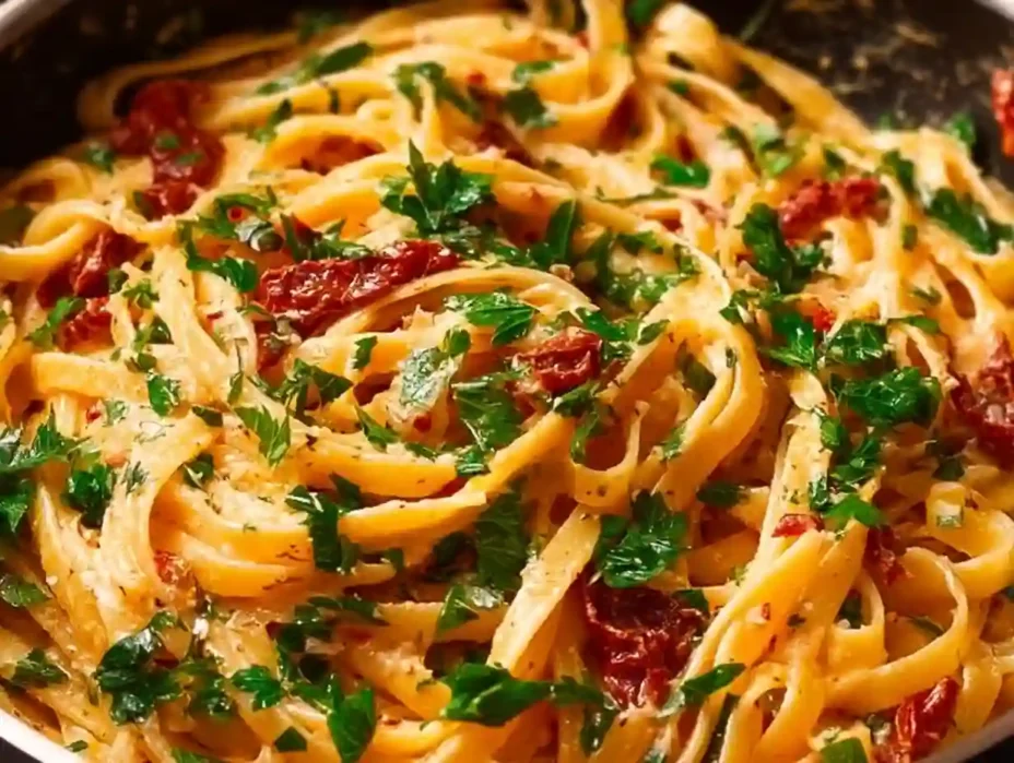 Creamy vegan sun-dried tomato pasta dish served in a bowl
