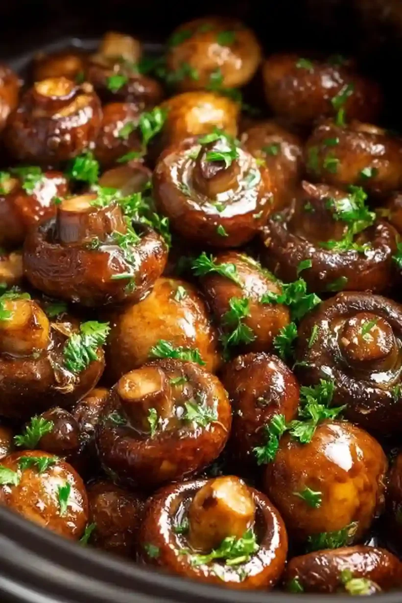Crockpot Garlic Parmesan Mushrooms served in a bowl