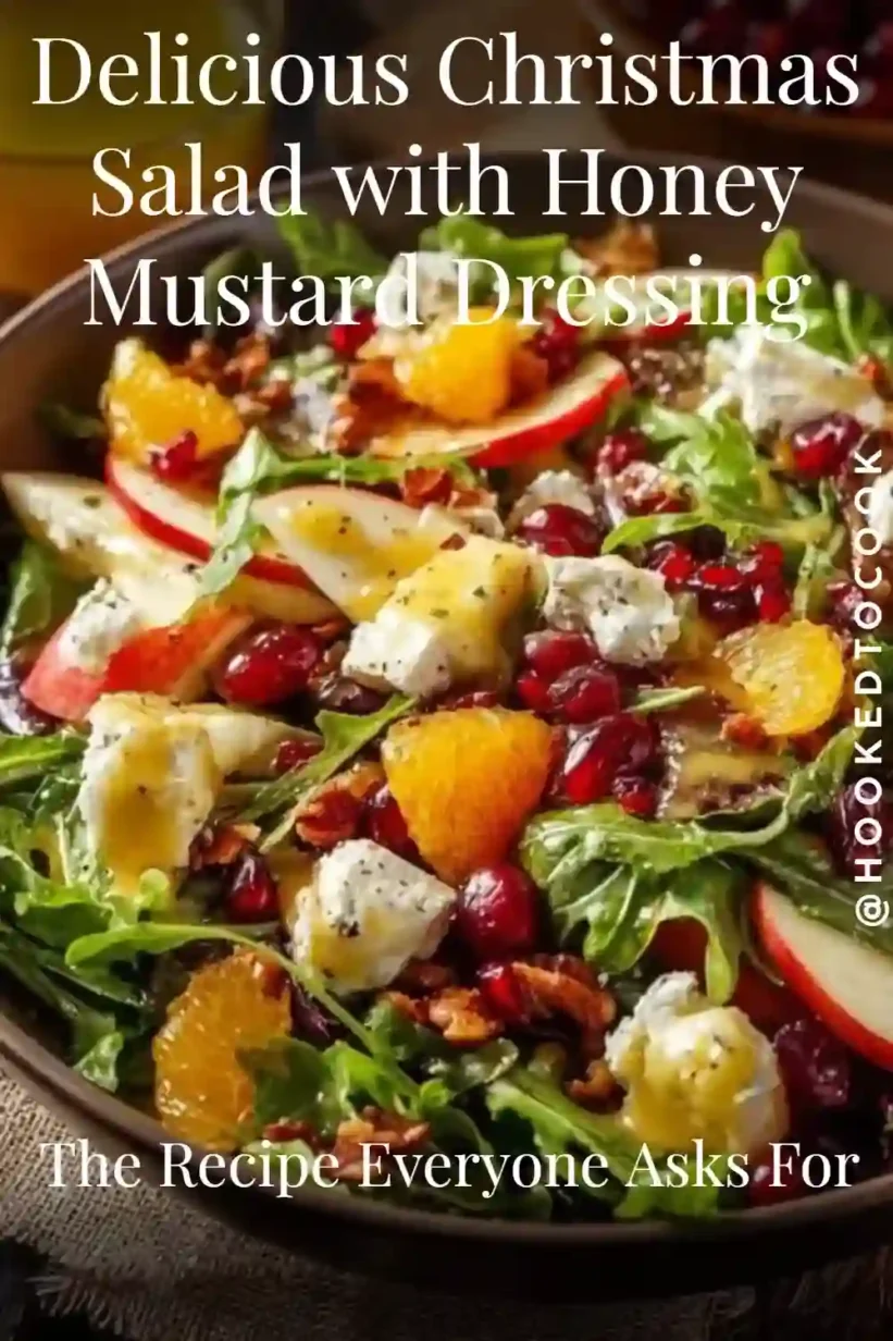 Christmas salad with apples, mandarins, pecans, and pomegranate on fresh greens in a festive setting