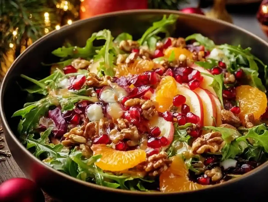 Delicious Christmas salad with honey mustard dressing and colorful seasonal ingredients