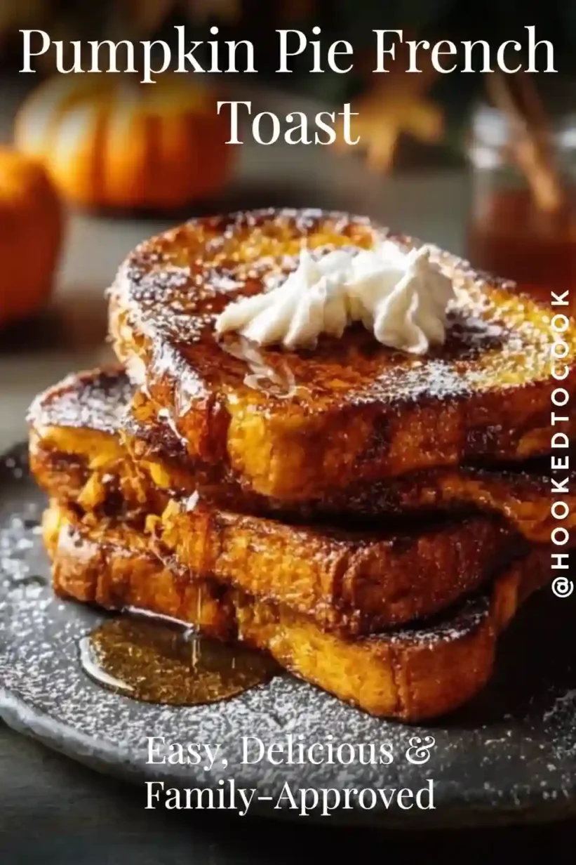Pumpkin pie French toast stacked high with whipped cream and maple syrup drizzle on top