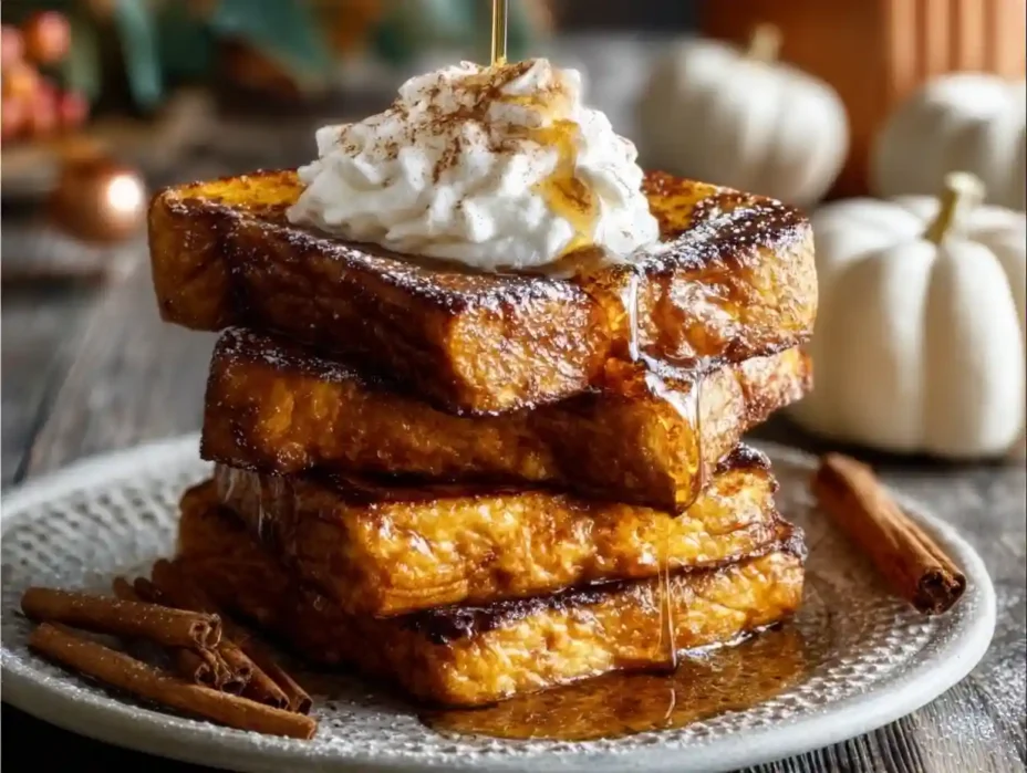 Delicious Pumpkin Pie French Toast topped with cream and spices