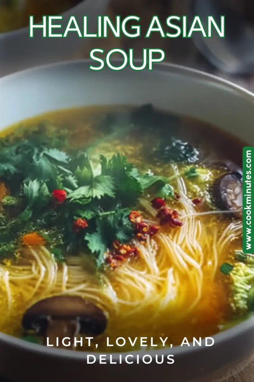 A bowl of Healing Asian Soup with colorful vegetables and herbs, a beautiful meal for the soul.