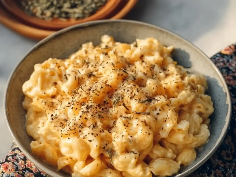 Bowl of high protein mac and cheese topped with herbs and cheese