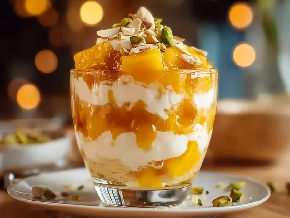 Mango Caramel Ricotta Parfait with layers of mango, ricotta, and caramel sauce