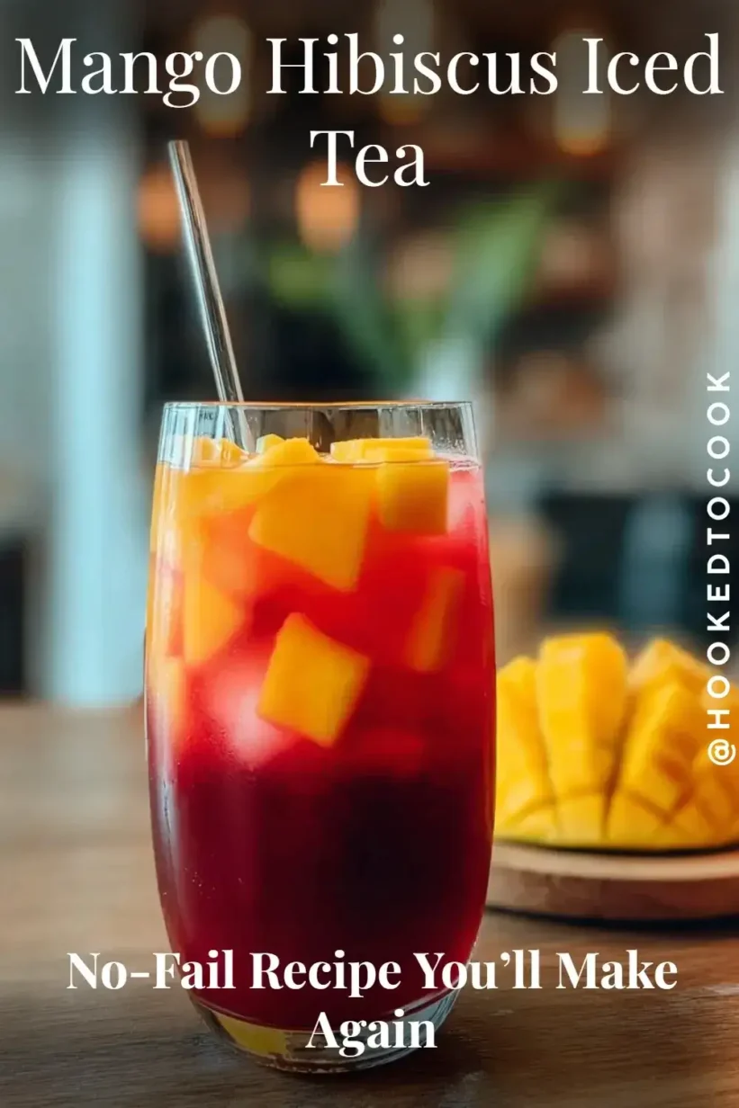 A vibrant pitcher of Mango Hibiscus Iced Tea garnished with fresh mango slices and mint leaves