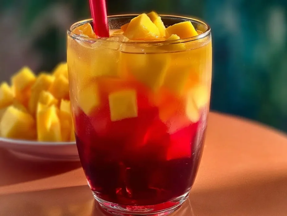 Refreshing Mango Hibiscus Iced Tea served in a glass with ice and garnished