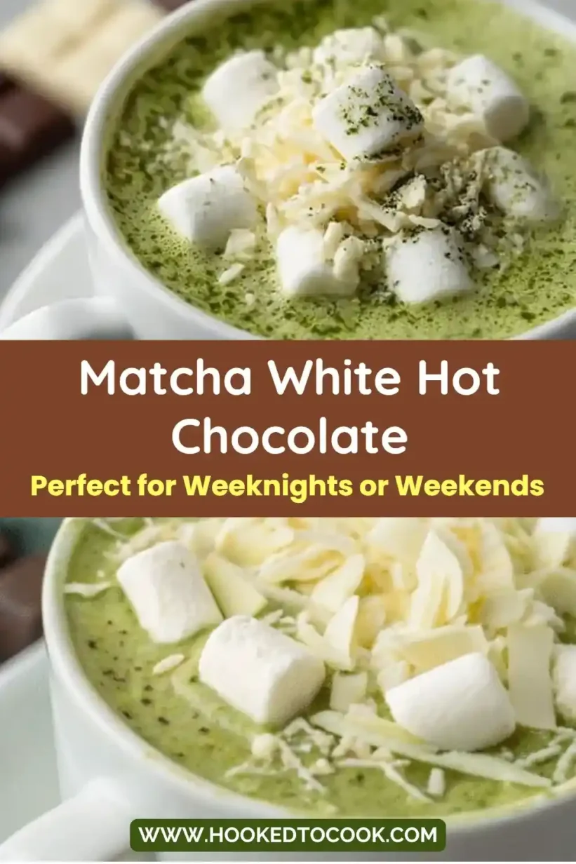 delicious Matcha White Hot Chocolate topped with toasted marshmallows.