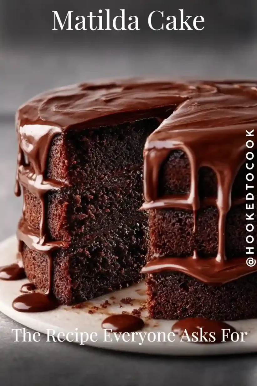 Matilda Cake with glossy chocolate ganache, moist cake layers, and rich, decadent texture.