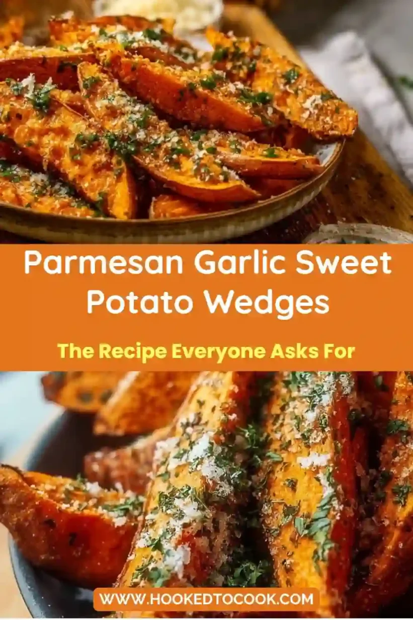 Delicious Parmesan Garlic Sweet Potato Wedges on a baking tray, drizzled with olive oil and spices, ready to bake.