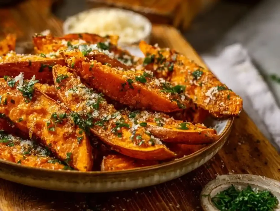 Crispy Parmesan Garlic Sweet Potato Wedges on a plate