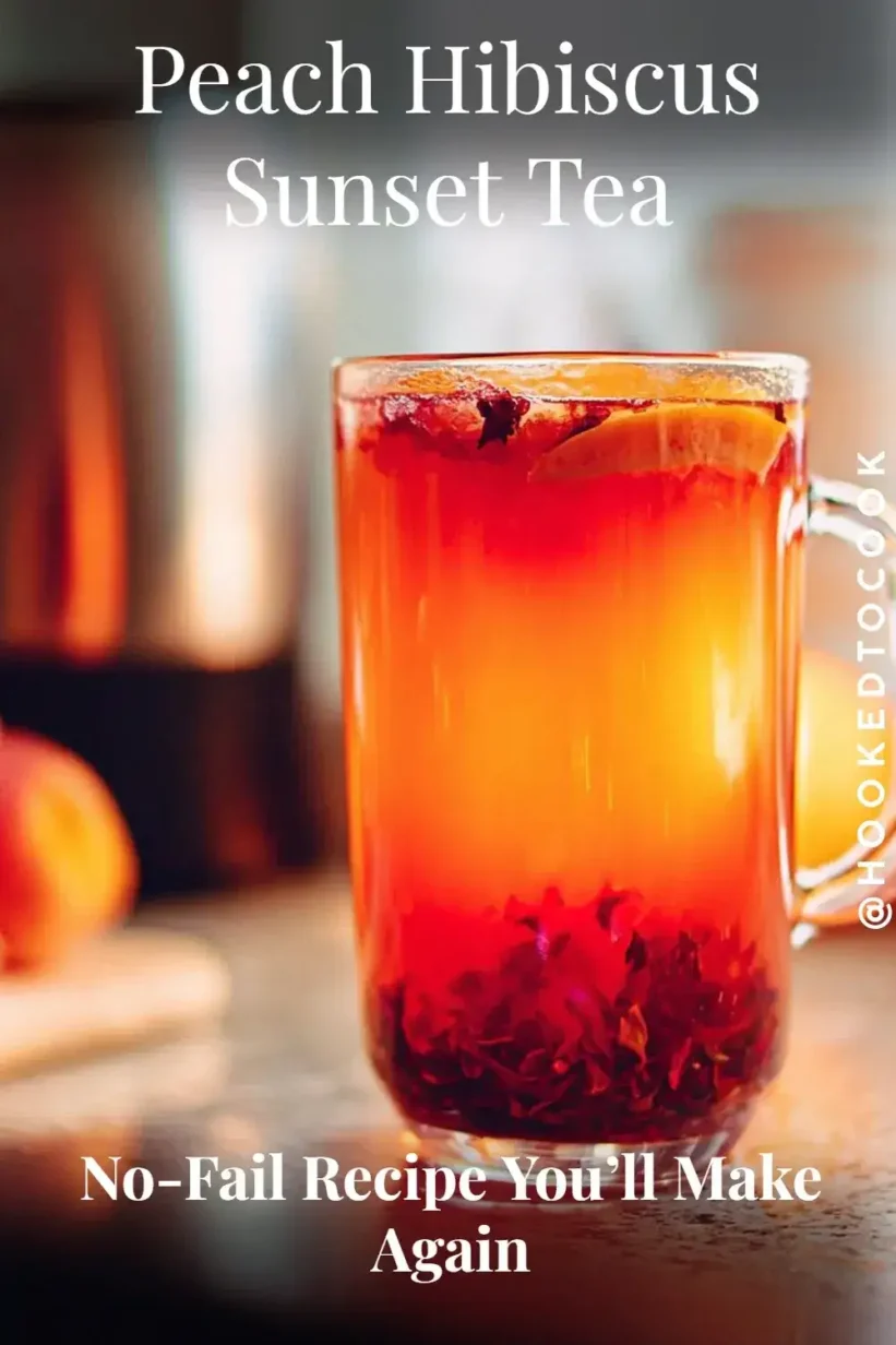 A refreshing pitcher of Peach Hibiscus Sunset Tea garnished with peach slices and ice.