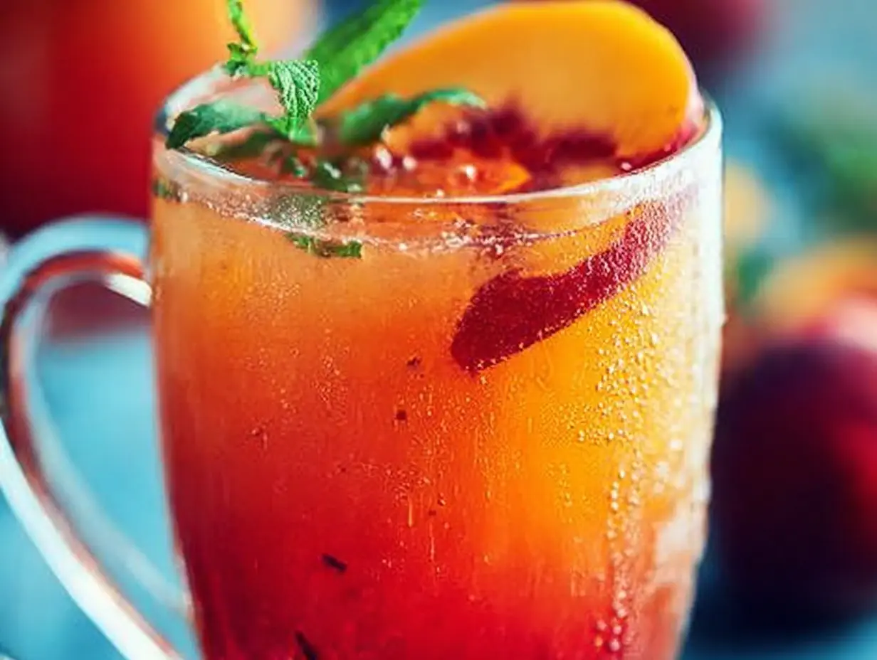 A cup of Peach Hibiscus Sunset Tea with vibrant colors and fresh peaches.