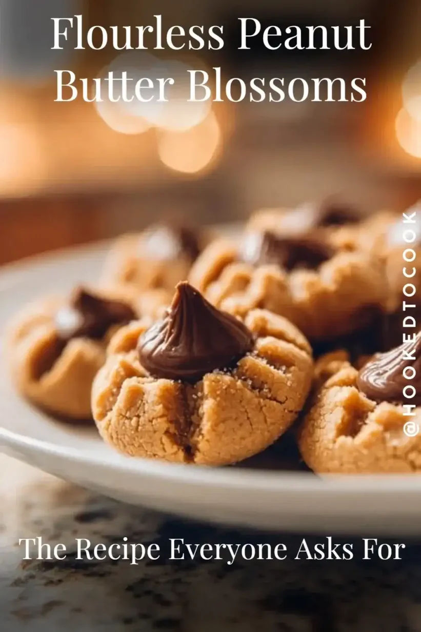 Flourless Peanut Butter Blossoms cookies shaped into delightful little bites and topped with chocolate kisses.