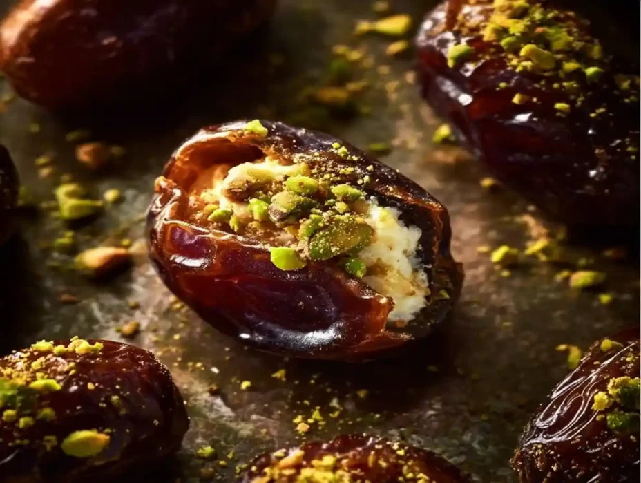 Honey pistachio ricotta stuffed dates on a platter