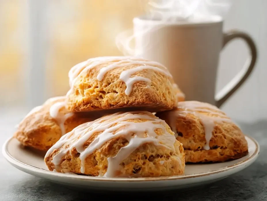 Freshly baked pumpkin scones with spices and pumpkin puree, perfect for autumn.