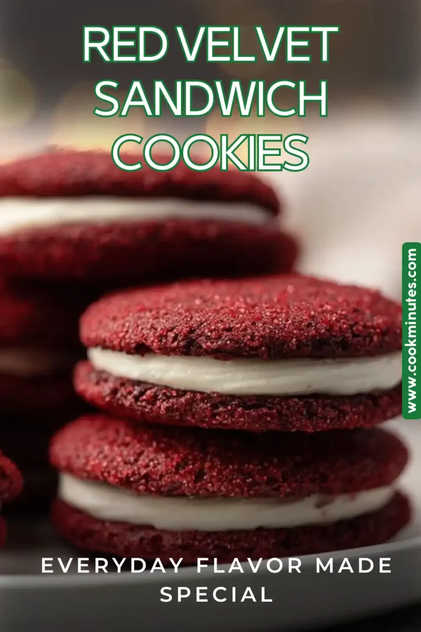 A mouthwatering image of Red Velvet Sandwich Cookies featuring vibrant colors and festive decor.