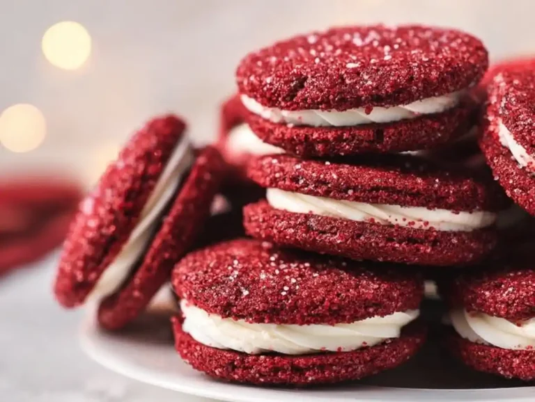 Delicious Red Velvet Sandwich Cookies with cream cheese filling.