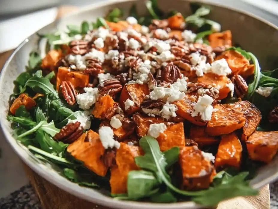 Bowl of sweet potato salad with feta cheese and fresh vegetables