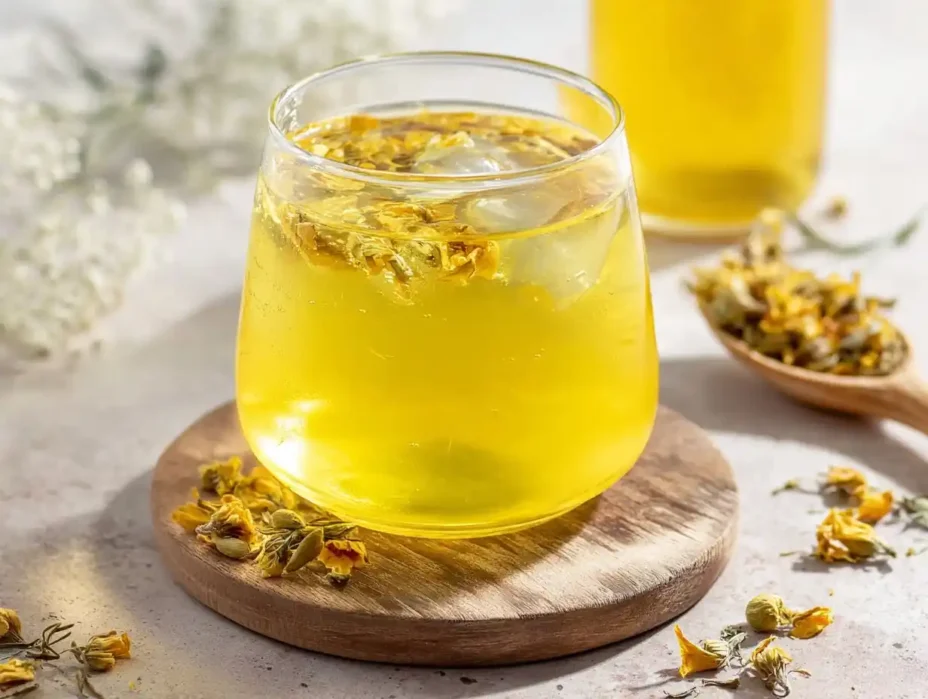 Cup of Thai Chrysanthemum Tea Flower Water with fresh flowers