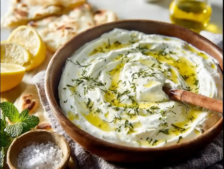 Homemade Tzatziki Sauce in a bowl with fresh vegetables and pita