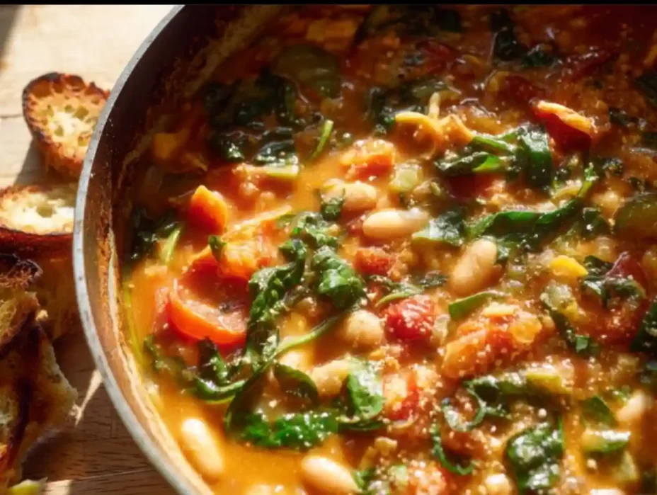 Creamy vegan tomato white bean stew served in a bowl with fresh herbs on top.