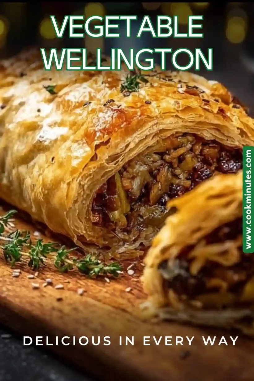 Image of Vegetable Wellington, showcasing the golden puff pastry and vibrant filling