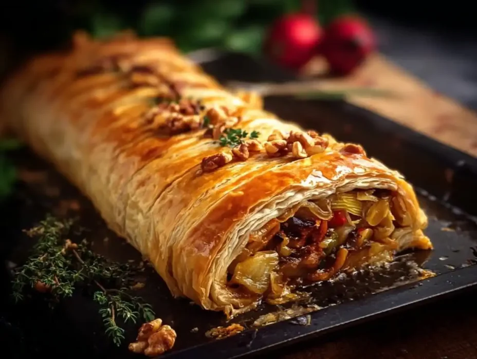 Delicious Vegetable Wellington filled with fresh veggies and herbs