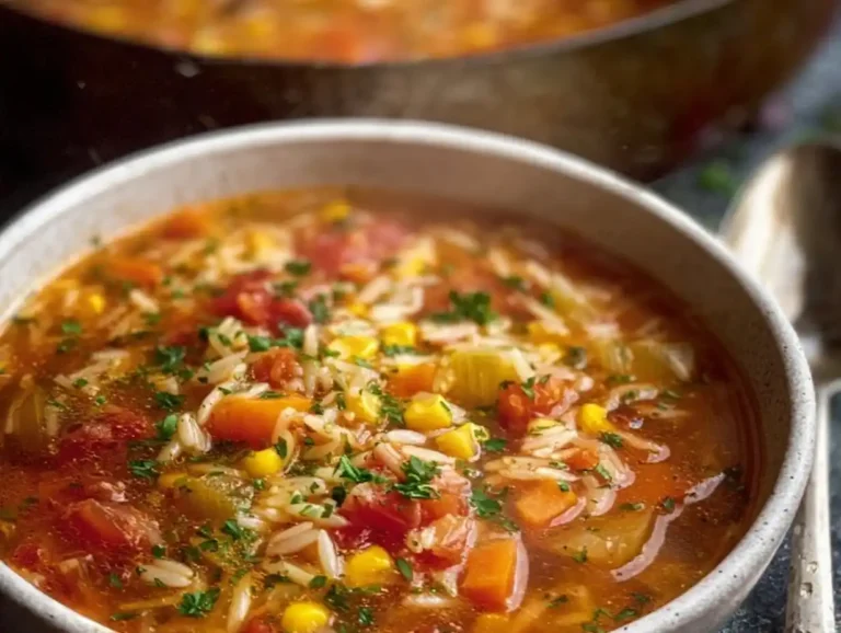 A steaming bowl of Veggie Loaded Soup garnished with parsley.